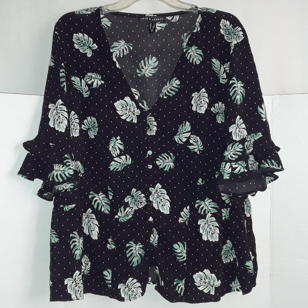 Love & Legend, Botanical, V-Neck, Button Down, Short Sleeve Blouse